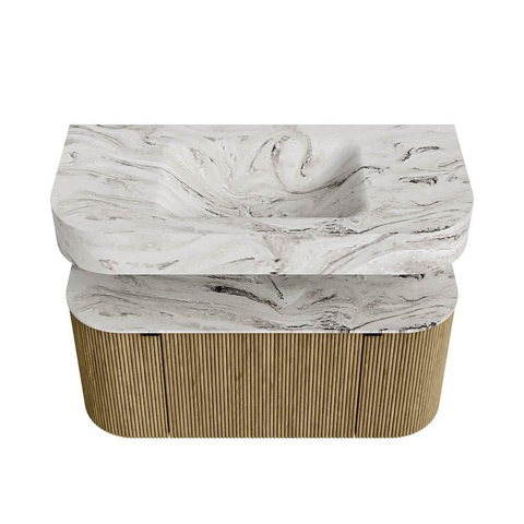 MONDIAZ THOR-DLUX 100cm meuble de salle de bains arrondi gauche + droite couleur Dusk avec 1 tiroir et 2 portes. Vasque suspendue CLOUD Milieu sans trou de robinet couleur Glace. SW1467400