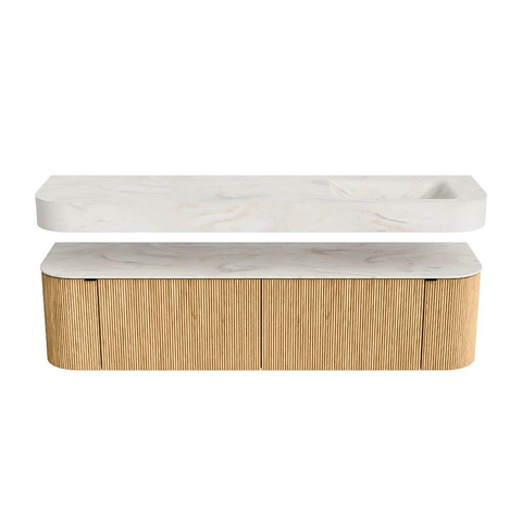 MONDIAZ THOR-DLUX 180cm badmeubel ronding links + rechts kleur Oak met 2 lades en 2 deuren. Vrijhangende wastafel CLOUD Rechts zonder kraangat kleur Ostra. SW1465919