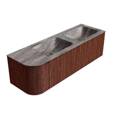 MONDIAZ KURVE-DLUX Meuble de salle de bains 145cm arrondi à gauche couleur Ruby avec 1 tiroir et 1 porte. Lavabo LEAF Double / Droite 2 trous de robinet Oza. SW1432825
