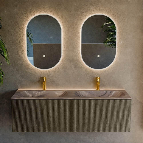 MONDIAZ KURVE-DLUX Meuble de salle de bains 140cm couleur Shadow avec 2 tiroirs et 0 porte. Lavabo STOR SMALL Double 2 trous de robinet Sombra. SW1433811