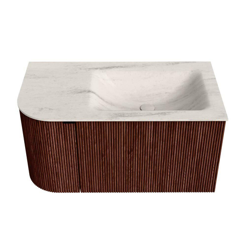 MONDIAZ KURVE-DLUX Meuble de salle de bains 85cm arrondi à gauche couleur Ruby avec 1 tiroir et 1 porte. Lavabo CLOUD à droite 1 trou de robinet Meli. SW1431942