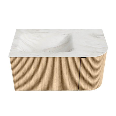MONDIAZ KURVE-DLUX 85cm badmeubel met module 25 R kleur Oak met 1 lade en 1 deur. Wastafel CLOUD links 1 kraangat kleur Ostra. SW1137710