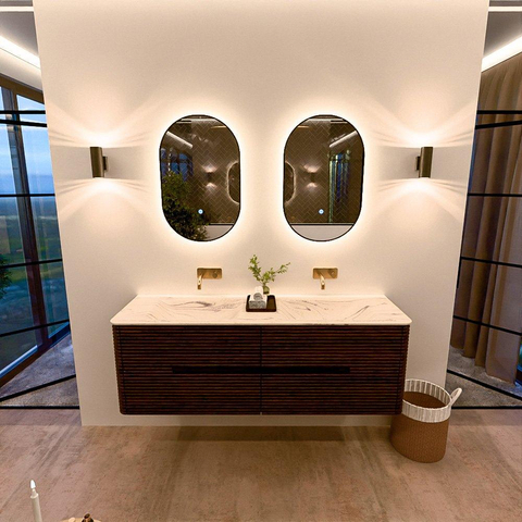 Mondiaz CIRO-DLUX Badkamermeubelset - 150x45x50cm - Solid surface wastafel Nata - 2 wasbak Dubbel - zonder kraangaten - 4 lades - Walnut SW1530596