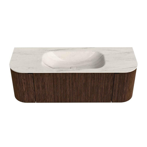 MONDIAZ KURVE-DLUX 130cm badmeubel ronding Links + Rechts kleur Walnut met 1 lade en 2 deuren. Wastafel BIG SMALL Midden zonder kraangat Meli. SW1431684