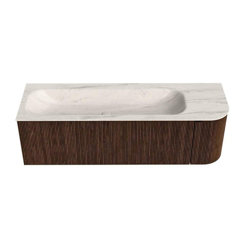 MONDIAZ KURVE-DLUX 145cm badmeubel ronding Rechts kleur Walnut met 1 lade en 1 deur. Wastafel BIG LARGE Links 1 kraangat Meli. SW1431707