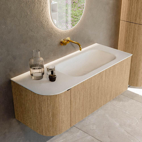 MONDIAZ KURVE Meuble de salle de bains 115 cm avec module 25 L couleur Oak avec 1 tiroir et 1 porte. Lavabo BIG SMALL à droite sans trou de robinet Talc. SW1138158