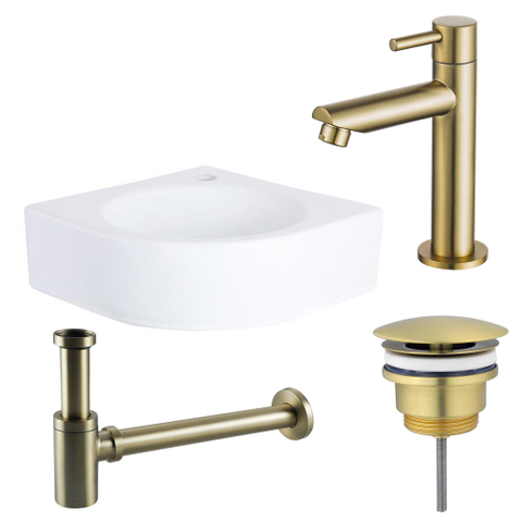 QeramiQ Fuente Pack Lave-mains d'angle - 30x30x10cm - 1 trou de robinet - céramique - robinet Laiton brossé - Blanc SW1111513