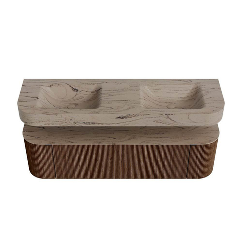 MONDIAZ THOR-DLUX 160cm meuble de salle de bains arrondi gauche + droite couleur Walnut avec 1 tiroir et 2 portes. Vasque suspendue CLOUD Double 2 trous de robinet couleur Arena. SW1465129