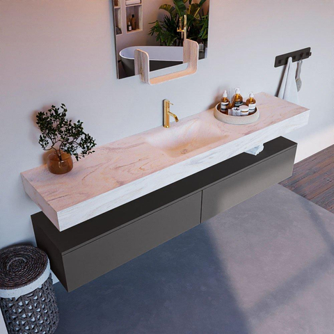 Mondiaz ALAN-DLUX Ensemble de meuble - 200cm - meuble Dark grey mat - 2 tiroirs - Lavabo Cloud Ostra suspendu - vasque Centre - 1 trou de robinet SW807346