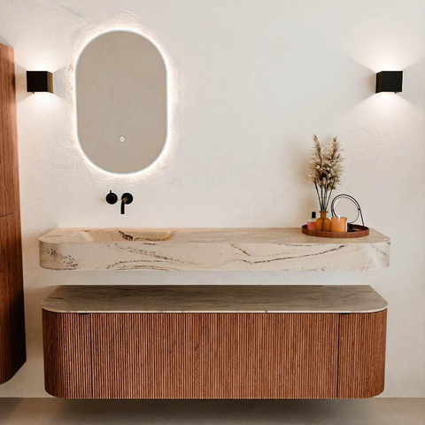 MONDIAZ THOR-DLUX 160cm meuble de salle de bains arrondi gauche + droite couleur Ruby avec 1 tiroir et 2 portes. Vasque suspendue CLOUD gauche sans trou de robinet couleur Arena. SW1465149