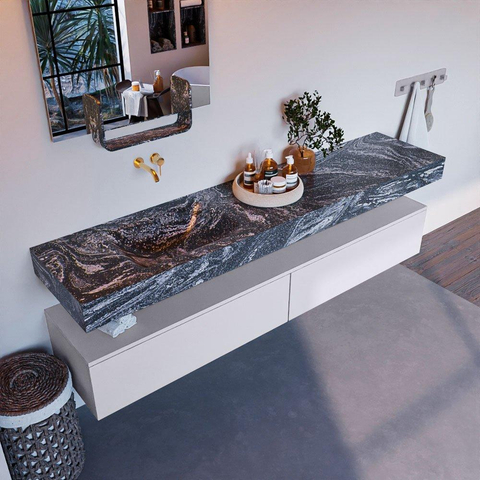 Mondiaz ALAN-DLUX Ensemble de meuble - 200cm - meuble Cale mat - 2 tiroirs - Lavabo Cloud Lava suspendu - vasque Gauche - 0 trous de robinet SW808242