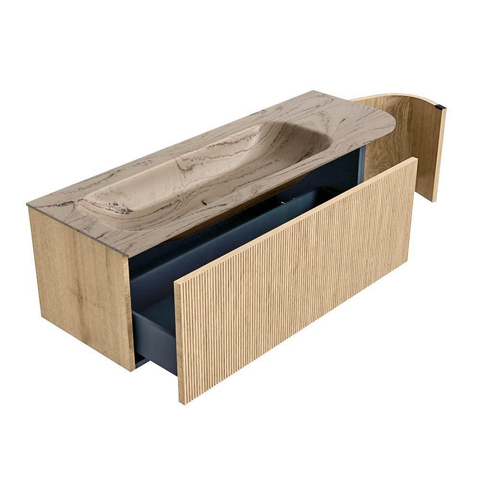 MONDIAZ KURVE-DLUX 135cm meuble de salle de bains courbe Droite couleur Chêne avec 1 tiroir et 1 porte. Lavabo BIG MEDIUM Gauche sans trou de robinet Arena. SW1431115
