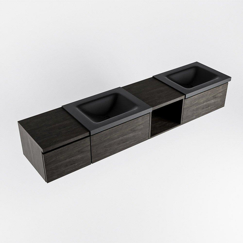 MONDIAZ BUKLA 200cm ensemble de meuble avec module ouvert 40 à droite couleur Marron Foncé avec 3 tiroirs. Lavabo CLOUD double 2 trous de robinet couleur Urban. SW1382139