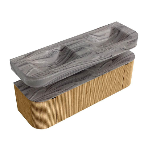 MONDIAZ THOR-DLUX 150cm badmeubel ronding links + rechts kleur Oak met 1 lade en 2 deuren. Vrijhangende wastafel CLOUD Dubbel 2 kraangaten kleur Sombra. SW1464925