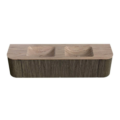 MONDIAZ KURVE-DLUX 180cm badmeubel ronding Links + Rechts kleur Shadow met 2 lades en 2 deuren. Wastafel LEAF Dubbel 2 kraangaten Saba. SW1433295