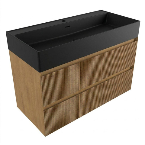 Saniclass Holz Atelier Badkamermeubelset - 100x45x72cm - Legend keramische wastafel mat zwart - 1 wasbak - zonder kraangat - 2 lades - mat eiken natural (hout) SW1579627