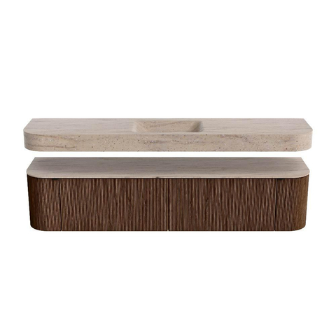 MONDIAZ THOR-DLUX 200cm meuble de salle de bains arrondi gauche + droite couleur Walnut avec 2 tiroirs et 2 portes. Vasque suspendue CLOUD Milieu sans trou de robinet couleur Saba. SW1467225