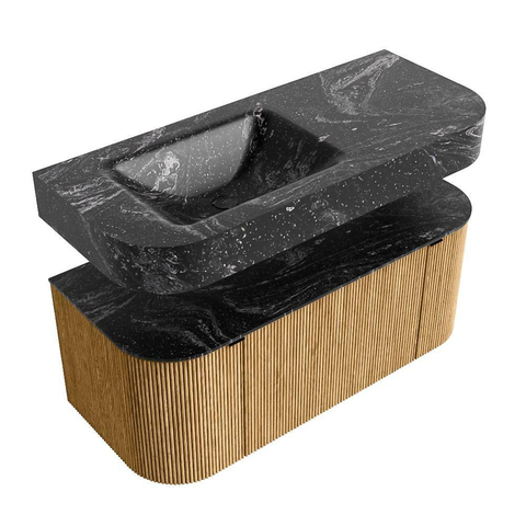 MONDIAZ THOR-DLUX 110cm badmeubel ronding links + rechts kleur Oak met 1 lade en 2 deuren. Vrijhangende wastafel CLOUD Links 1 kraangat kleur Lava. SW1462731