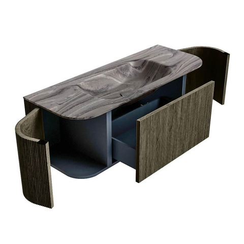 MONDIAZ KURVE-DLUX Meuble de salle de bains 120cm arrondi gauche + droite couleur Shadow avec 1 tiroir et 2 portes. Plan-vasque BIG SMALL central sans trou de robinet Sombra. SW1433739