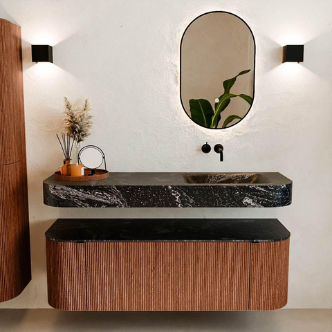 MONDIAZ THOR-DLUX 140cm meuble de salle de bains arrondi gauche + droite couleur Ruby avec 1 tiroir et 2 portes. Vasque suspendue CLOUD Droite sans trou de robinet couleur Lava. SW1464139