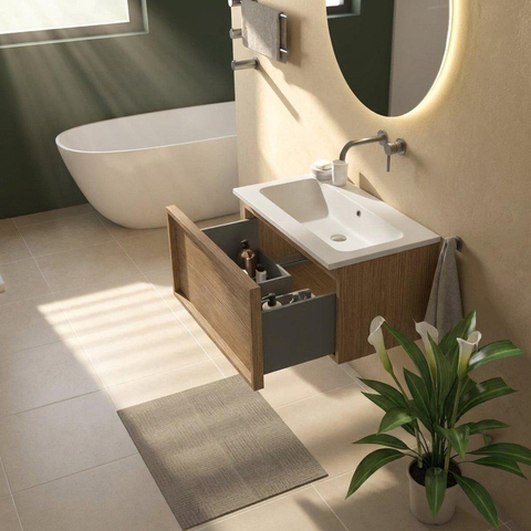 Saniclass Holz Frame Ensemble de meubles de salle de bains - 80x45x57.5cm - lavabo Torino en Solid Surface blanc - sans trou de robinet - 1 tiroir - chêne natural mat (bois) SW1478650