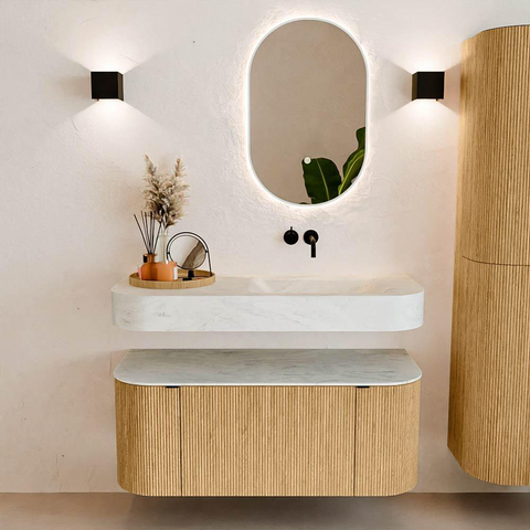 MONDIAZ THOR-DLUX 110cm meuble de salle de bains arrondi gauche + droite couleur Oak avec 1 tiroir et 2 portes. Vasque suspendue CLOUD droite sans trou de robinet couleur Opalo. SW1462758