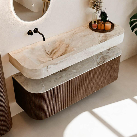 MONDIAZ THOR-DLUX Meuble de salle de bains 140cm arrondi gauche + droite couleur Walnut avec 1 tiroir et 2 portes. Vasque suspendue CLOUD Gauche sans trou de robinet couleur Frappe. SW1463957