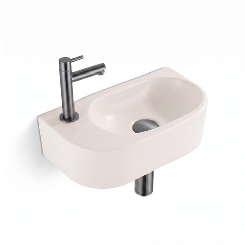 QeramiQ Fuente Fontein - 40x22x12cm - glad - halfrond - fonteinkraangat links - keramiek - fonteinkraan geborsteld gunmetal - verlaagd sifon - afvoerplug - linnen SW1583232