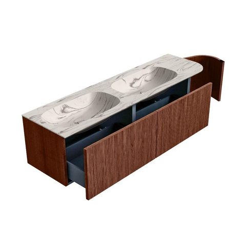 MONDIAZ KURVE-DLUX 165cm badmeubel ronding Rechts kleur Ruby met 2 lades en 1 deur. Wastafel STOR SMALL Dubbel / Links zonder kraangat Nata. SW1432598