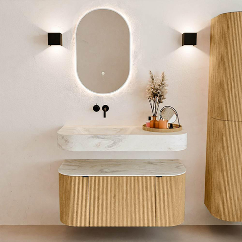 MONDIAZ THOR-DLUX 100cm badmeubel ronding links + rechts kleur Oak met 1 lade en 2 deuren. Vrijhangende wastafel CLOUD Links zonder kraangat kleur Ostra. SW1467319