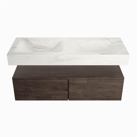 Mondiaz ALAN-DLUX Ensemble de meuble de salle de bain - 130x46cm - 2 tiroirs - vasque suspendue - 2 trous de robinetterie - 2 doubles - Dark Brown (chêne foncé) SW1242395