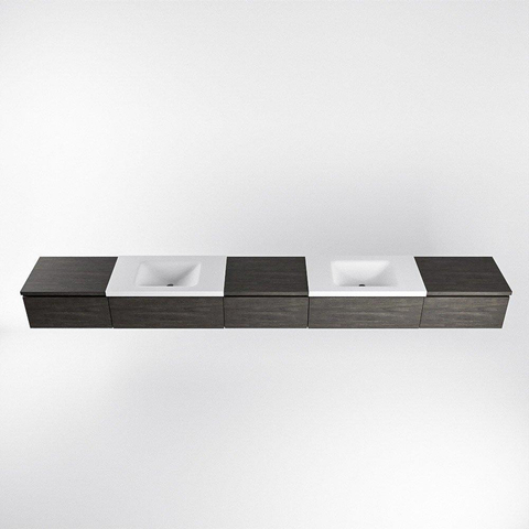 MONDIAZ BUKLA 340cm meuble de salle de bains avec module 60 couleur Dark Brown avec 5 tiroirs. Lavabo CLOUD double 2 trous de robinet couleur Talc. SW1382364