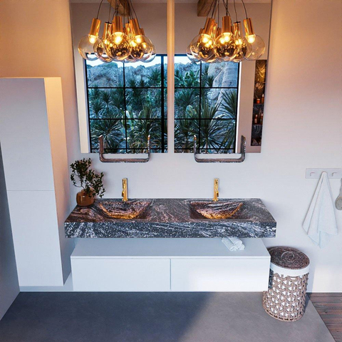 Mondiaz ALAN-DLUX Ensemble de meuble - 150cm - meuble Talc mat - 2 tiroirs - Lavabo Cloud Lava suspendu - vasque gauche et droite - 2 trous de robinet SW807978