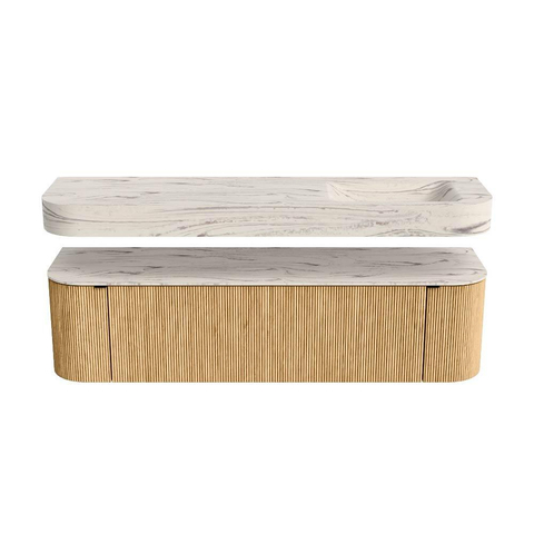 MONDIAZ THOR-DLUX 170cm meuble de salle de bains arrondi gauche + droite couleur Oak avec 1 tiroir et 2 portes. Vasque suspendue CLOUD Droite 1 trou de robinet couleur Nata. SW1465781