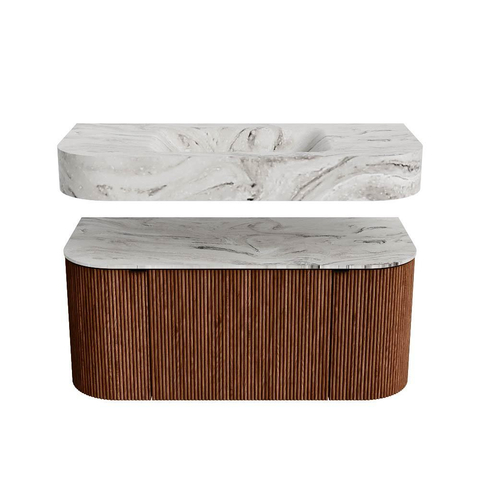 MONDIAZ THOR-DLUX 100cm meuble de salle de bains arrondi gauche + droite couleur Ruby avec 1 tiroir et 2 portes. Vasque suspendue CLOUD Milieu 1 trou de robinet couleur Glace. SW1467409