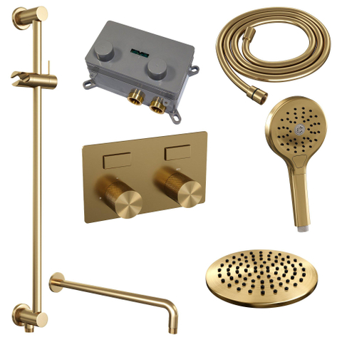 BRAUER Gold Carving ensemble de douche pluie apparent – douche de tête Ø 20 cm – bras mural courbé 40 cm – douchette ronde – barre de douche SW925640