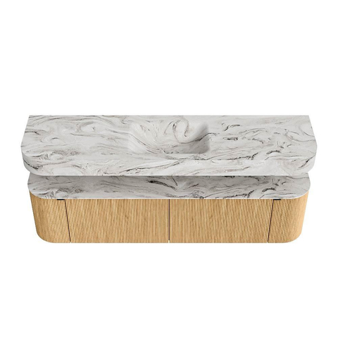 MONDIAZ THOR-DLUX 180cm meuble de salle de bains arrondi gauche + droite couleur Oak avec 2 tiroirs et 2 portes. Vasque suspendue CLOUD Milieu 1 trou de robinet couleur Glace. SW1465904