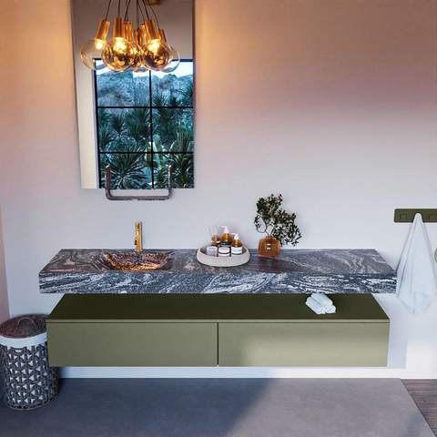 Mondiaz ALAN-DLUX Ensemble de meuble - 200cm - meuble Army mat - 2 tiroirs - Lavabo Cloud Lava suspendu - vasque Gauche - 1 trou de robinet SW808458