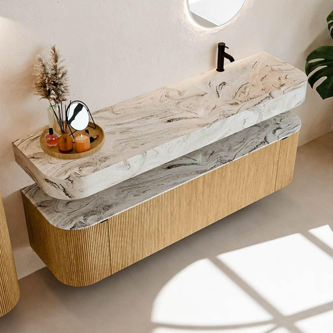 MONDIAZ THOR-DLUX 170cm meuble de salle de bains arrondi gauche + droite couleur Oak avec 1 tiroir et 2 portes. Vasque suspendue CLOUD droite 1 trou de robinet couleur Glace. SW1465442