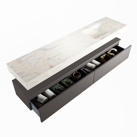 Mondiaz ALAN-DLUX Ensemble de meuble - 200cm - meuble Dark grey mat - 2 tiroirs - Lavabo Cloud Ostra suspendu - vasque Droite - 0 trous de robinet SW807114