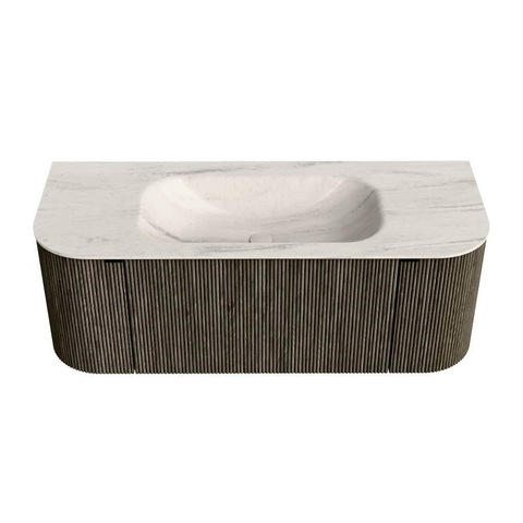 MONDIAZ KURVE-DLUX 120cm badmeubel ronding Links + Rechts kleur Shadow met 1 lade en 2 deuren. Wastafel BIG SMALL Midden zonder kraangat Meli. SW1431776