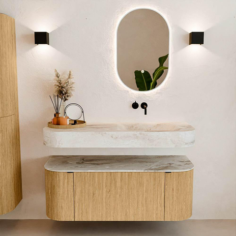 MONDIAZ THOR-DLUX 120cm badmeubel ronding links + rechts kleur Oak met 1 lade en 2 deuren. Vrijhangende wastafel CLOUD Rechts zonder kraangat kleur Frappe. SW1463058