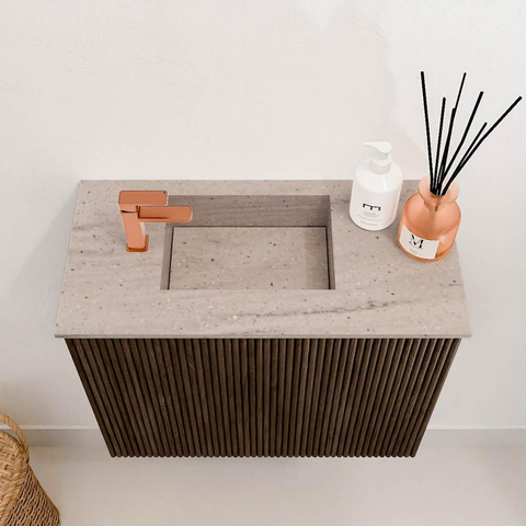 Mondiaz JOYA-DLUX 50cm toiletmeubel - kleur Walnut - Wastafel FAYE positie Links 1 kraangat kleur Saba. SW1424624