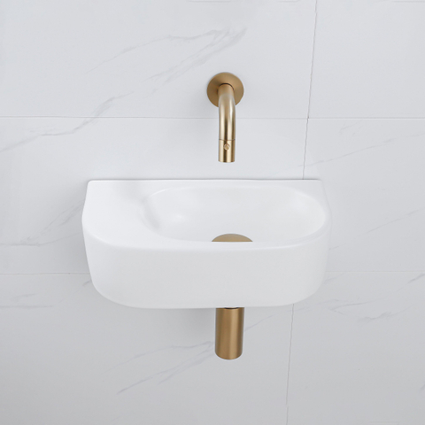 QeramiQ Fuente fonteinset – halfrond – 40x21.5x12 cm – keramiek wit mat – geborsteld gouden kraan SW1233107