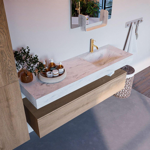 Mondiaz ALAN-DLUX Ensemble de meuble - 150cm - meuble Washed Oak mat - 1 tiroir - Lavabo Cloud Opalo suspendu - vasque Droite - 1 trou de robinet SW809000