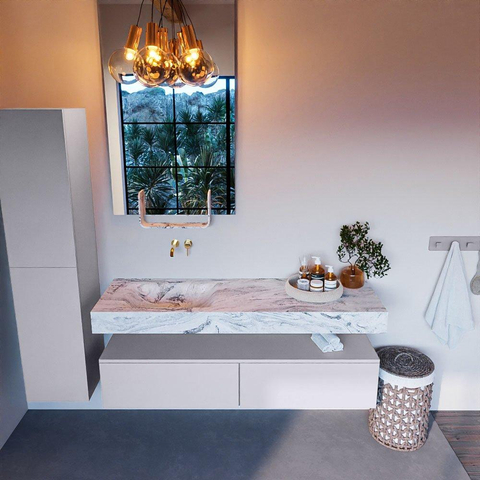 Mondiaz ALAN-DLUX Ensemble de meuble - 150cm - meuble Cale mat - 2 tiroirs - Lavabo Cloud Glace suspendu - vasque Gauche - 0 trous de robinet SW805943