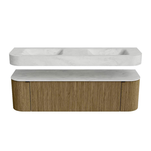 MONDIAZ THOR-DLUX Meuble de salle de bains 160cm arrondi gauche + droite couleur Dusk avec 1 tiroir et 2 portes. Vasque suspendue CLOUD Double sans trou de robinet couleur Opalo. SW1465227