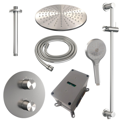 BRAUER Brushed Edition douche de pluie encastrée thermostatique - 3 voies - ronde - set 96 - pomme de douche 30cm - bras de plafond - douchette 3 jets - flexible de douche - barre de douche intégrée - acier inoxydable brossé PVD SW1159174