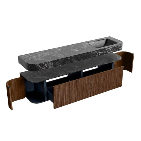 MONDIAZ THOR-DLUX 190cm badmeubel ronding links + rechts kleur Walnut met 2 lades en 2 deuren. Vrijhangende wastafel CLOUD Rechts zonder kraangat kleur Lava. SW1466414