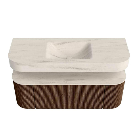 MONDIAZ THOR-DLUX Meuble de salle de bains 130cm arrondi gauche + droite couleur Walnut avec 1 tiroir et 2 portes. Vasque suspendue CLOUD Milieu sans trou de robinet couleur Meli. SW1463846
